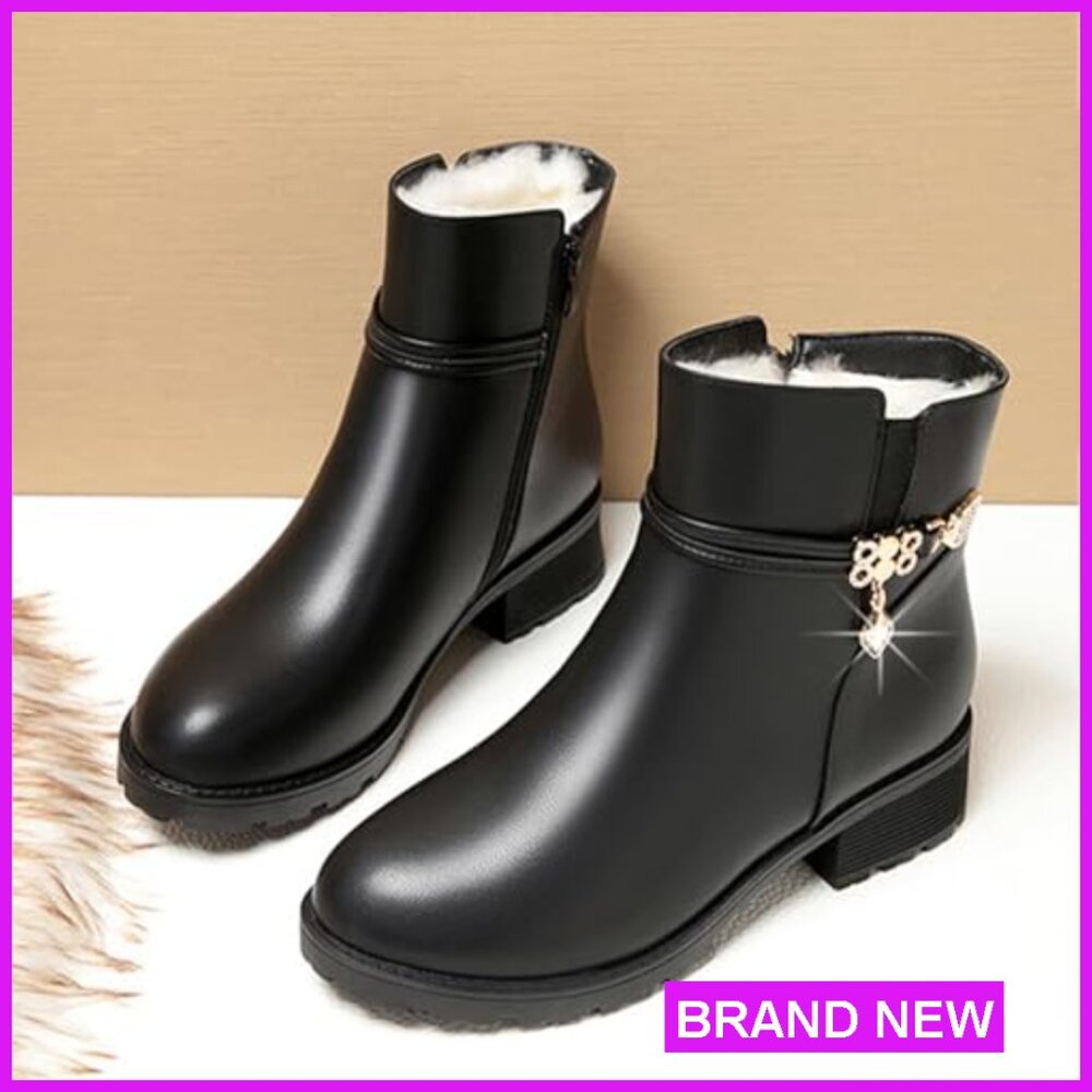 Leather Platform Booties Rhinestone Embellished F… - image 5